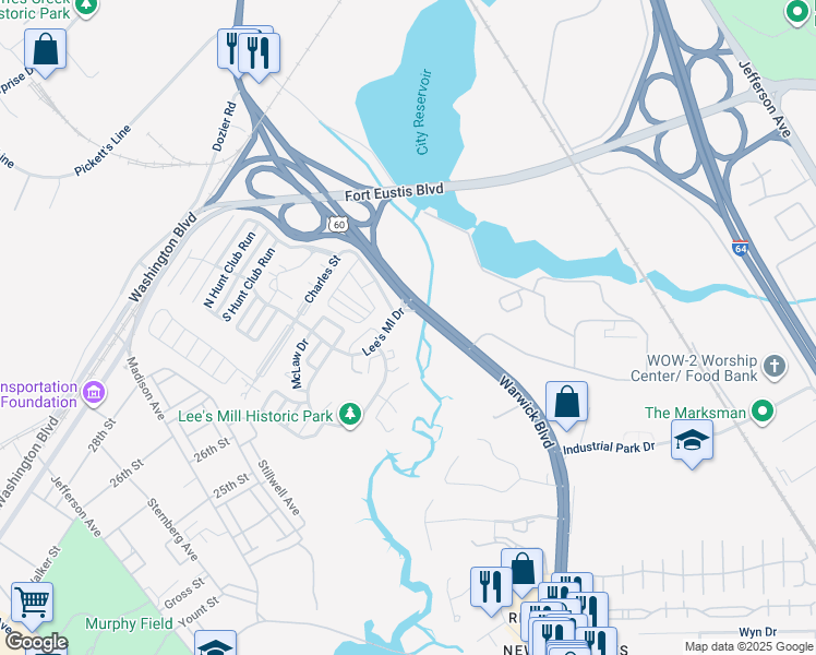 map of restaurants, bars, coffee shops, grocery stores, and more near 496 Lees Mill Drive in Newport News