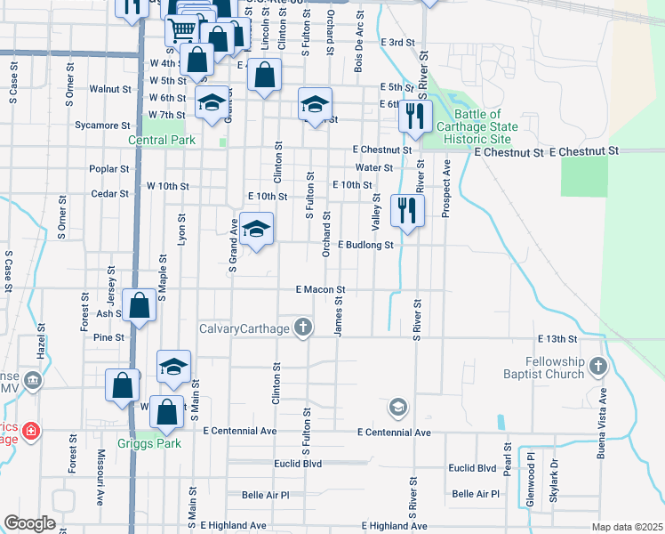 map of restaurants, bars, coffee shops, grocery stores, and more near 1116 Orchard St in Carthage