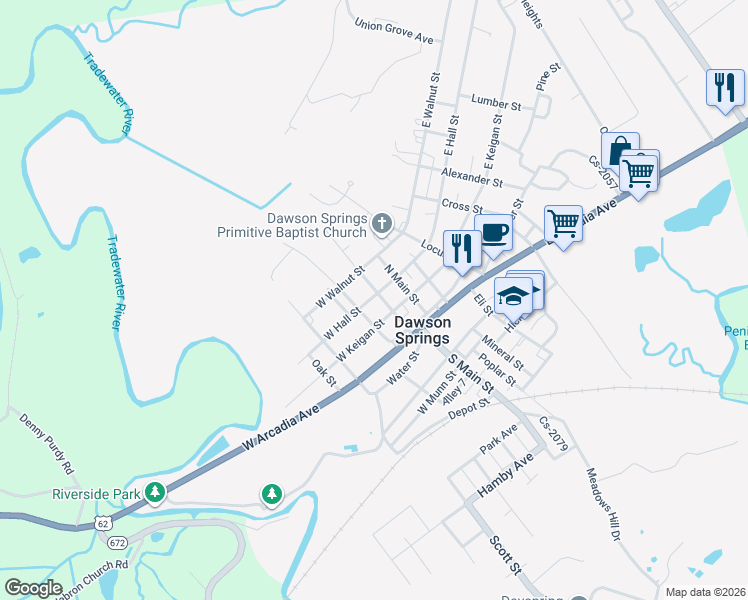 map of restaurants, bars, coffee shops, grocery stores, and more near 200-258 W Hall St in Dawson Springs