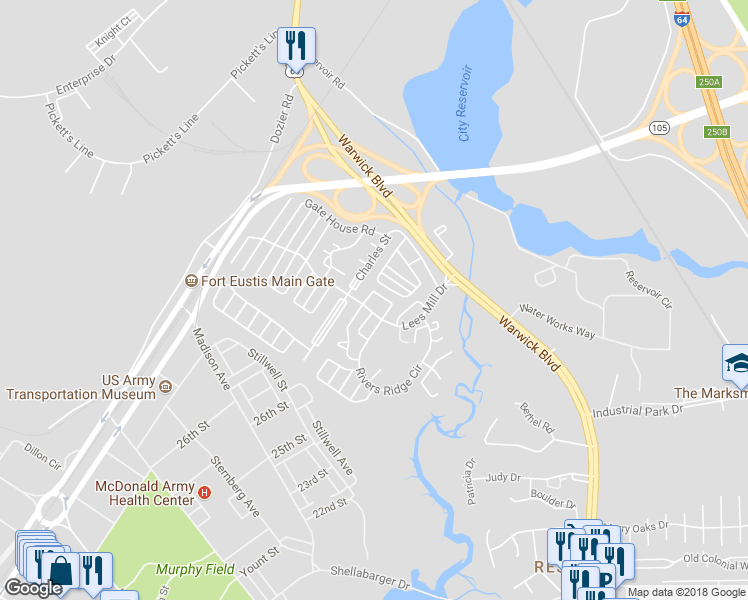 map of restaurants, bars, coffee shops, grocery stores, and more near 321 Lees Mill Drive in Newport News