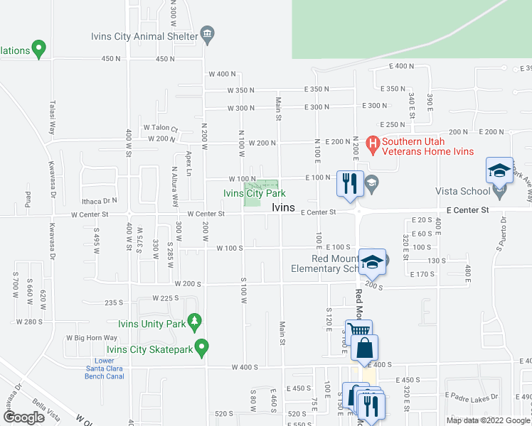 map of restaurants, bars, coffee shops, grocery stores, and more near 43 Center Street in Ivins