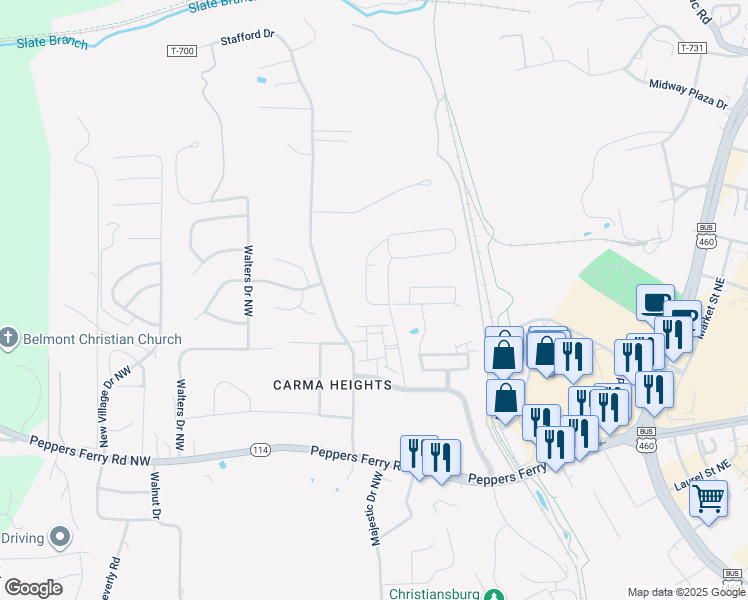 map of restaurants, bars, coffee shops, grocery stores, and more near 170 Hamilton Avenue Northwest in Christiansburg