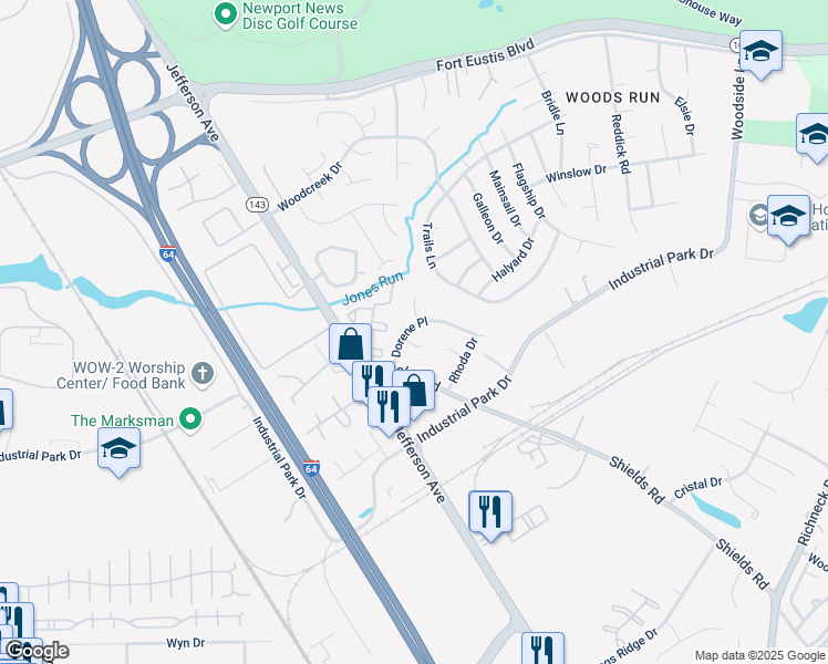 map of restaurants, bars, coffee shops, grocery stores, and more near 612 Dorene Place in Newport News