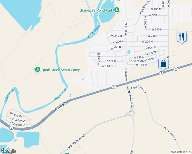 map of restaurants, bars, coffee shops, grocery stores, and more near 87 N 3910 W in Hurricane
