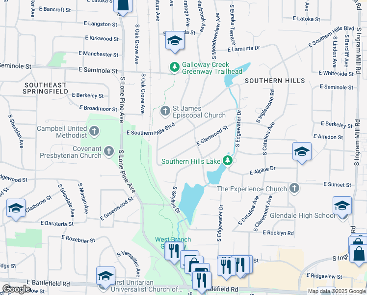map of restaurants, bars, coffee shops, grocery stores, and more near 2712 East Crestview Street in Springfield