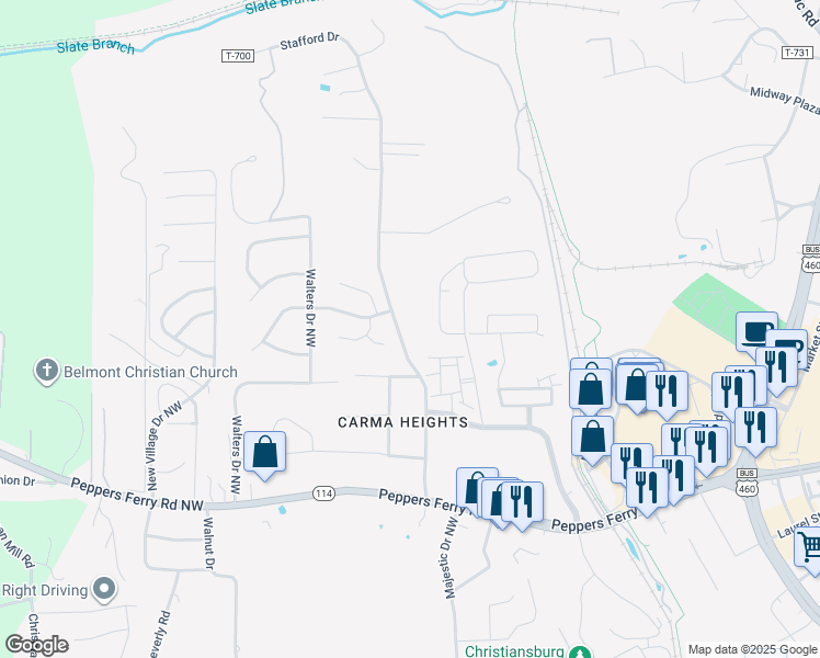 map of restaurants, bars, coffee shops, grocery stores, and more near 575 Stafford Drive in Christiansburg
