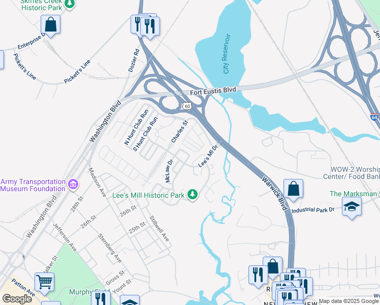 map of restaurants, bars, coffee shops, grocery stores, and more near 377 Lee's Mill Drive in Newport News
