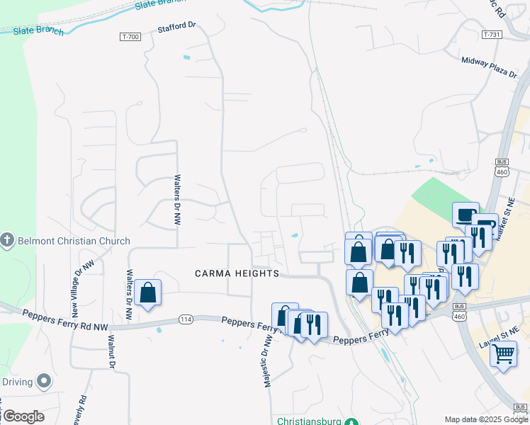 map of restaurants, bars, coffee shops, grocery stores, and more near 170 Hamilton Avenue Northwest in Christiansburg
