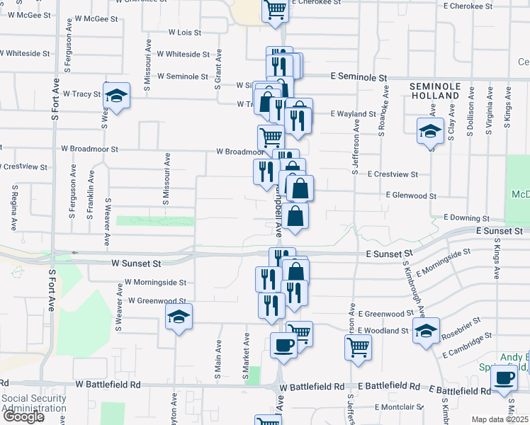 map of restaurants, bars, coffee shops, grocery stores, and more near 2535 South Campbell Avenue in Springfield