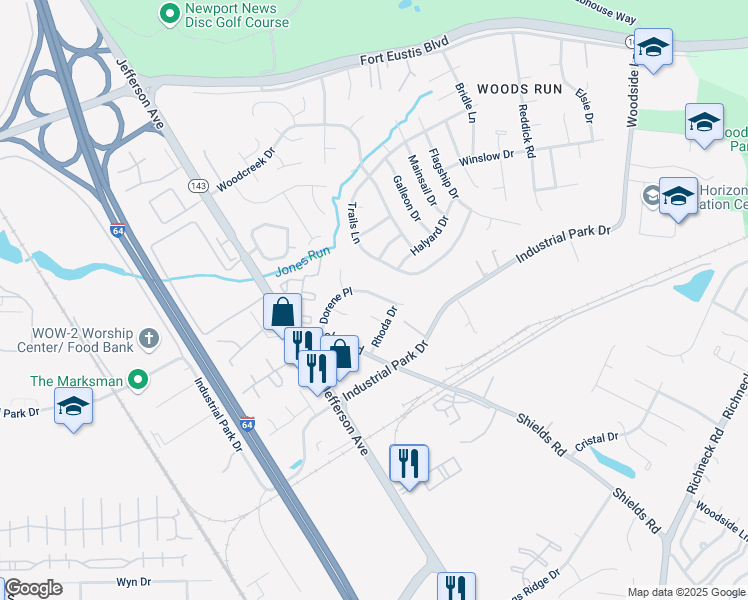 map of restaurants, bars, coffee shops, grocery stores, and more near 626 Dorene Pl in Newport News