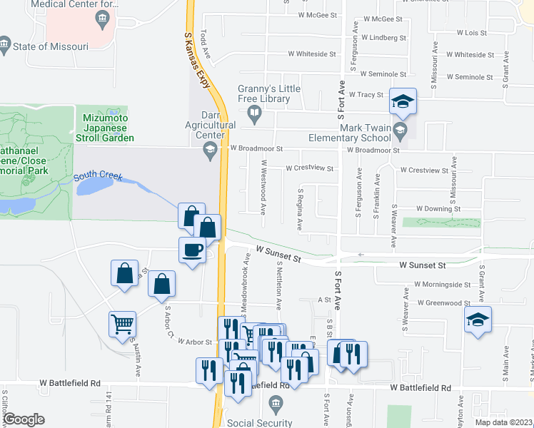 map of restaurants, bars, coffee shops, grocery stores, and more near 2550 South Westwood Avenue in Springfield