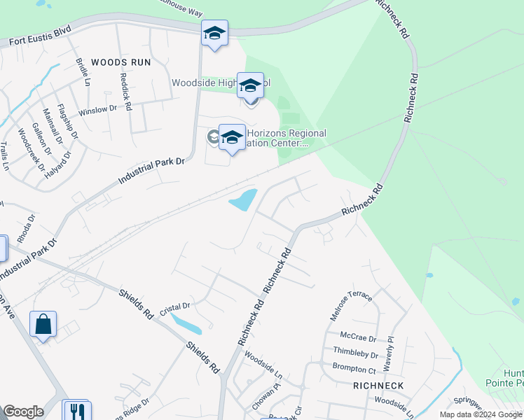 map of restaurants, bars, coffee shops, grocery stores, and more near 812 Wilderness Way in Newport News