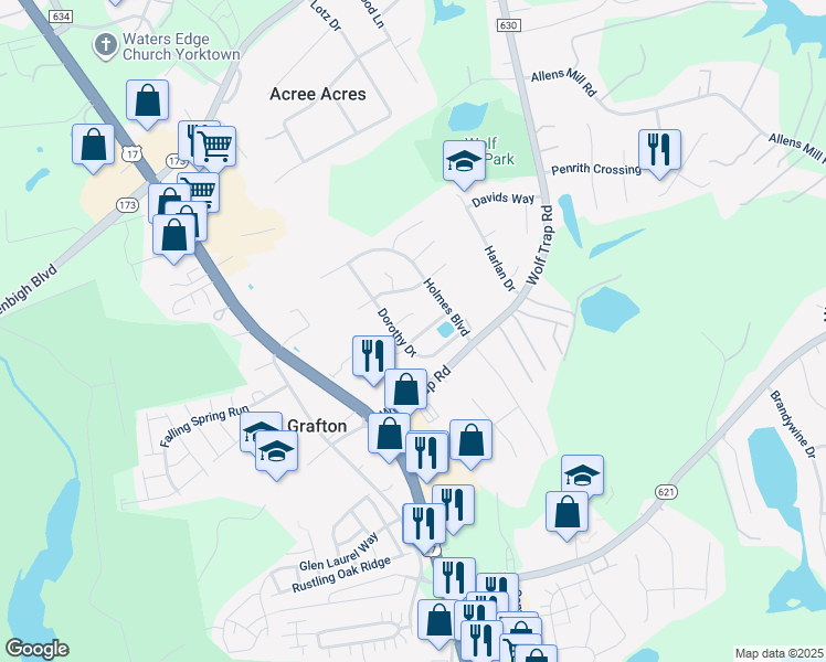 map of restaurants, bars, coffee shops, grocery stores, and more near 118 Rollins Way in Yorktown