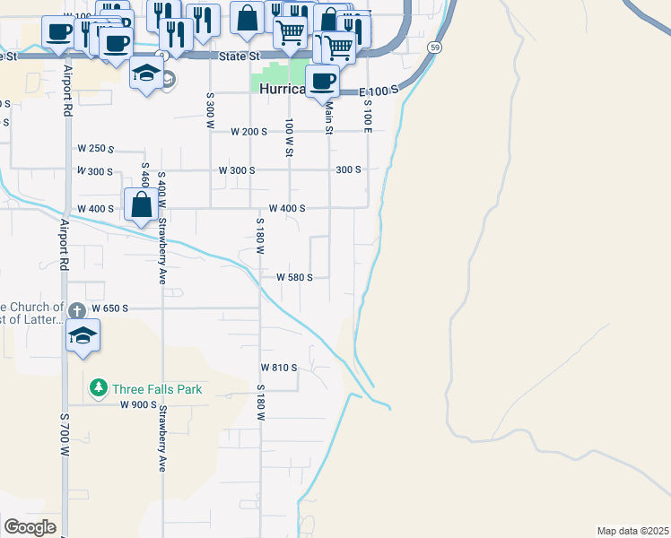 map of restaurants, bars, coffee shops, grocery stores, and more near 556 South 60 East in Hurricane