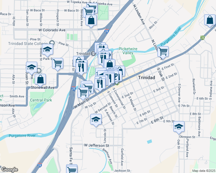 map of restaurants, bars, coffee shops, grocery stores, and more near 131 West Main Street in Trinidad