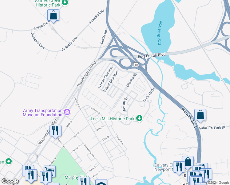 map of restaurants, bars, coffee shops, grocery stores, and more near 185 South Hall Way in Newport News