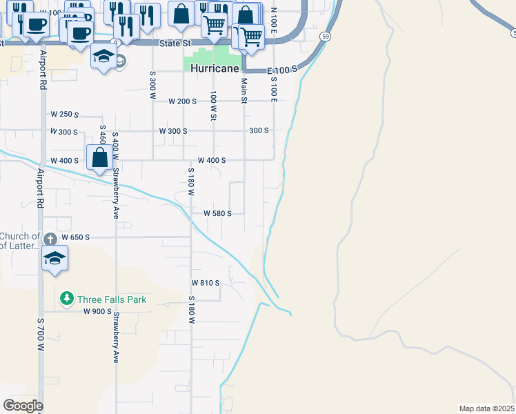 map of restaurants, bars, coffee shops, grocery stores, and more near 556 South 60 East in Hurricane
