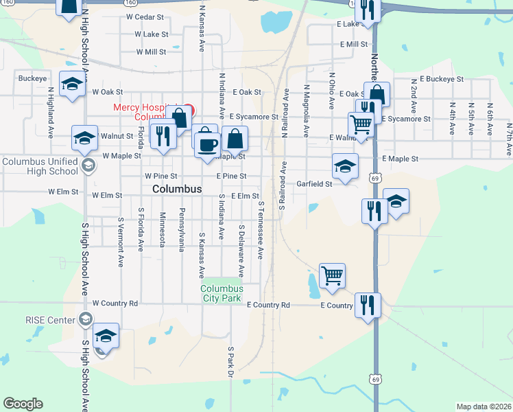 map of restaurants, bars, coffee shops, grocery stores, and more near 301-399 South Tennessee in Columbus