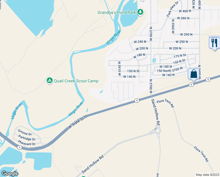 map of restaurants, bars, coffee shops, grocery stores, and more near 87 North 3950 West in Hurricane