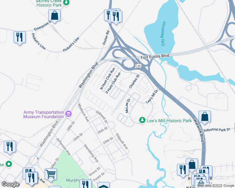 map of restaurants, bars, coffee shops, grocery stores, and more near 186 Quarter Trail in Newport News