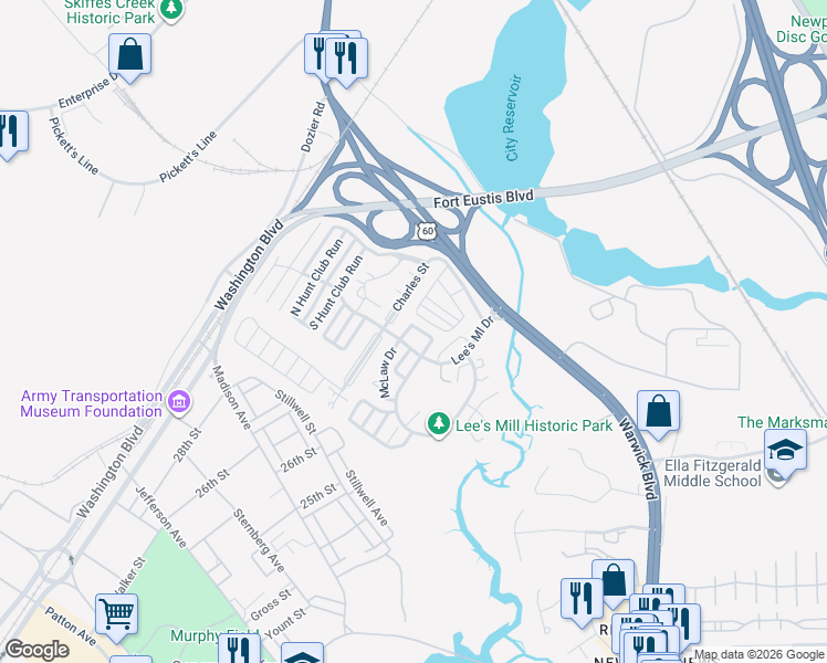 map of restaurants, bars, coffee shops, grocery stores, and more near 347 Lees Mill Drive in Newport News