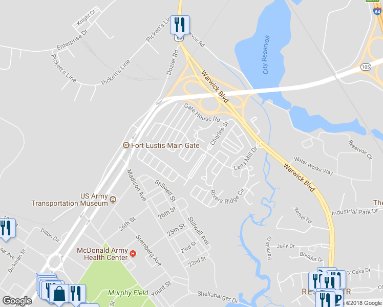 map of restaurants, bars, coffee shops, grocery stores, and more near 186 Quarter Trail in Newport News