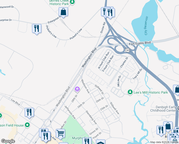 map of restaurants, bars, coffee shops, grocery stores, and more near 238 Bradmere Loop in Newport News