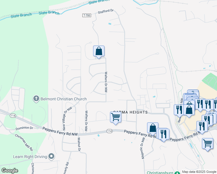 map of restaurants, bars, coffee shops, grocery stores, and more near 585 Walters Drive in Christiansburg