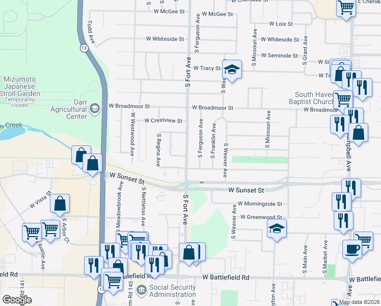 map of restaurants, bars, coffee shops, grocery stores, and more near 2540 South Fort Avenue in Springfield