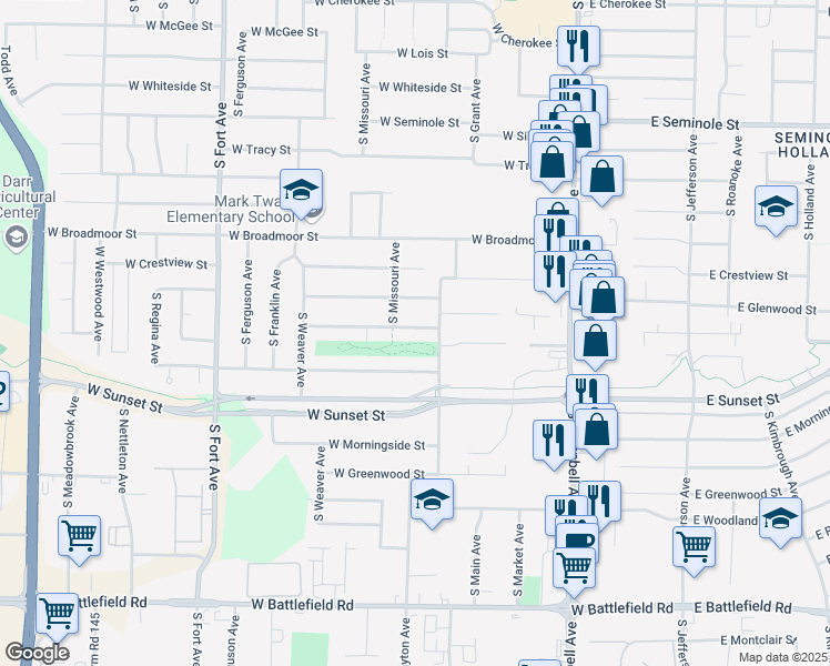 map of restaurants, bars, coffee shops, grocery stores, and more near 726 West Downing Street in Springfield
