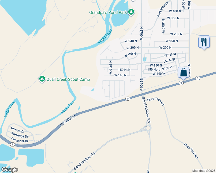 map of restaurants, bars, coffee shops, grocery stores, and more near 87 N 3910 W in Hurricane