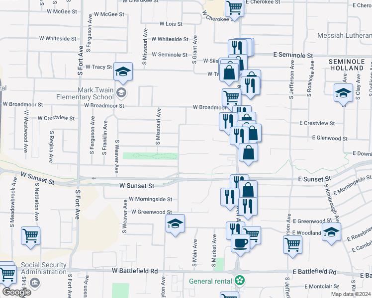map of restaurants, bars, coffee shops, grocery stores, and more near 639 West Edgewood Street in Springfield