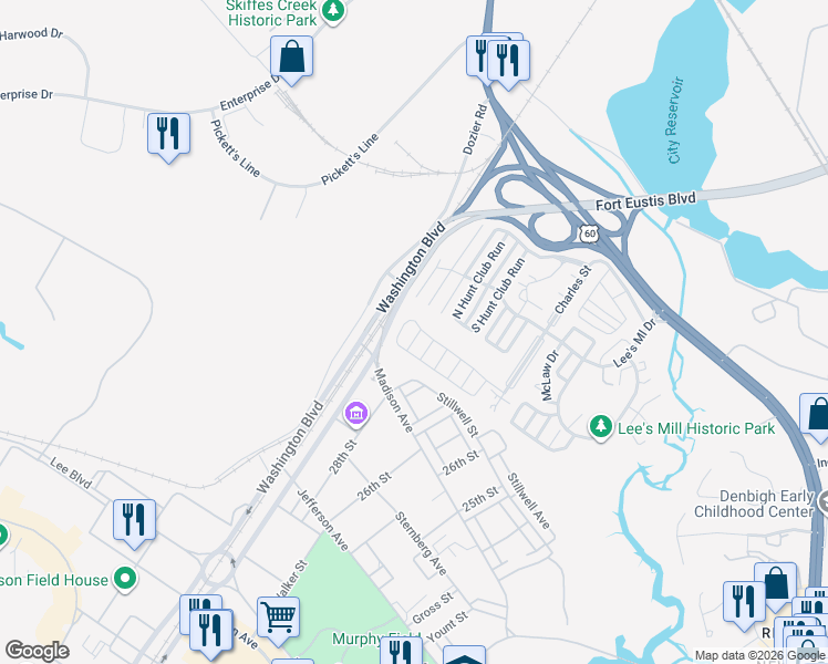 map of restaurants, bars, coffee shops, grocery stores, and more near 238 Bradmere Loop in Newport News