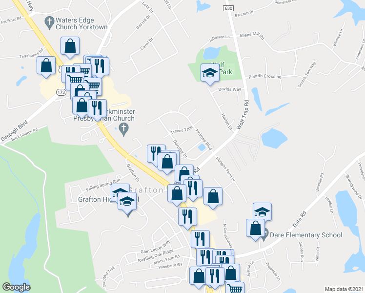 map of restaurants, bars, coffee shops, grocery stores, and more near 100 Alice Court in Yorktown