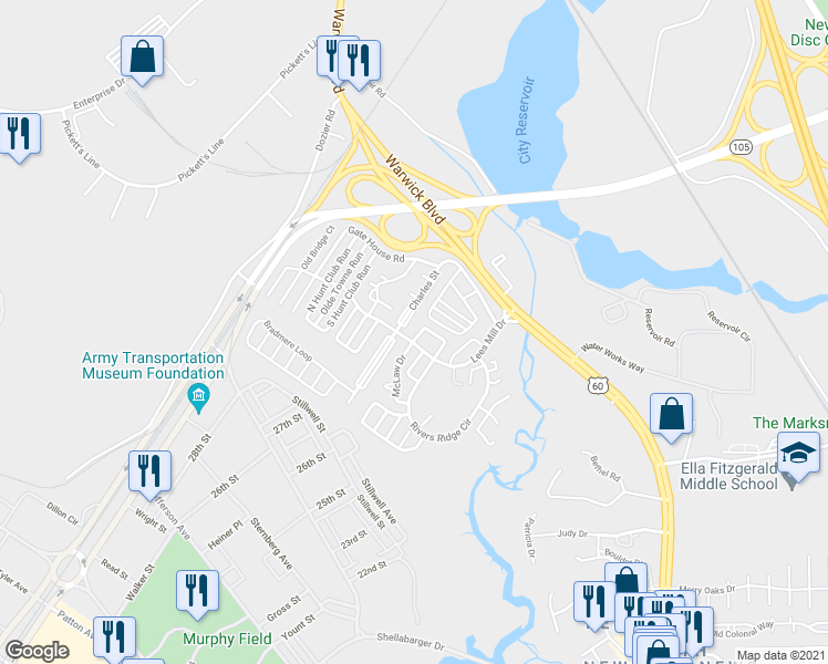map of restaurants, bars, coffee shops, grocery stores, and more near 305 Lees Mill Drive in Newport News