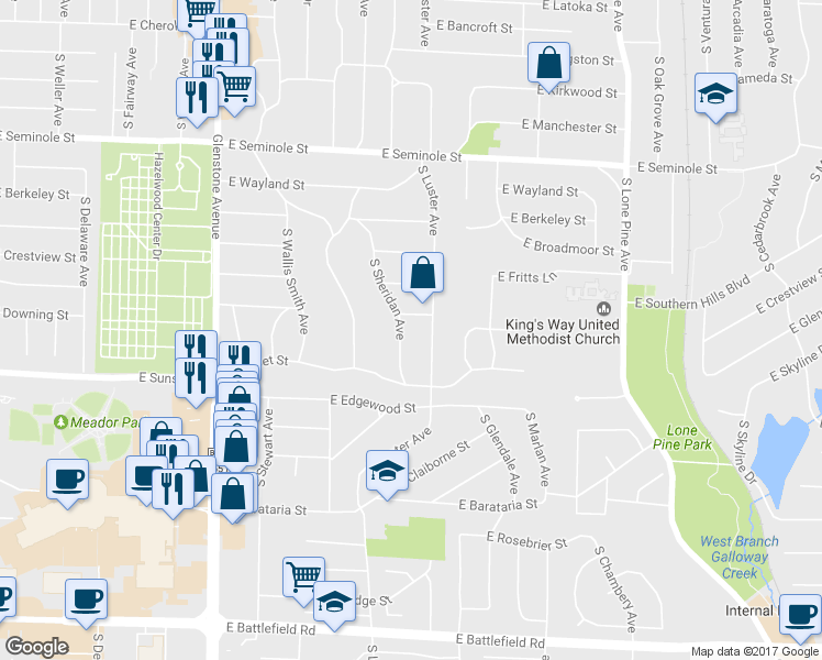 map of restaurants, bars, coffee shops, grocery stores, and more near 2516 South Sheridan Avenue in Springfield