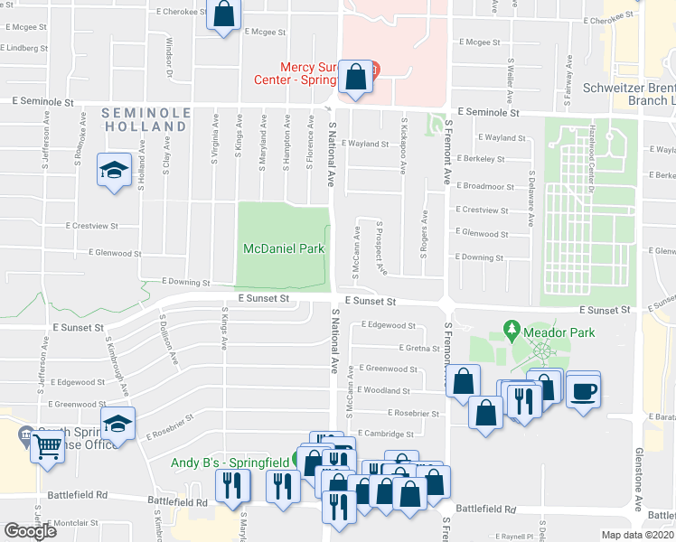 map of restaurants, bars, coffee shops, grocery stores, and more near 2524 South National Avenue in Springfield