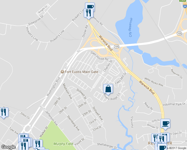 map of restaurants, bars, coffee shops, grocery stores, and more near 186 Quarter Trail in Newport News