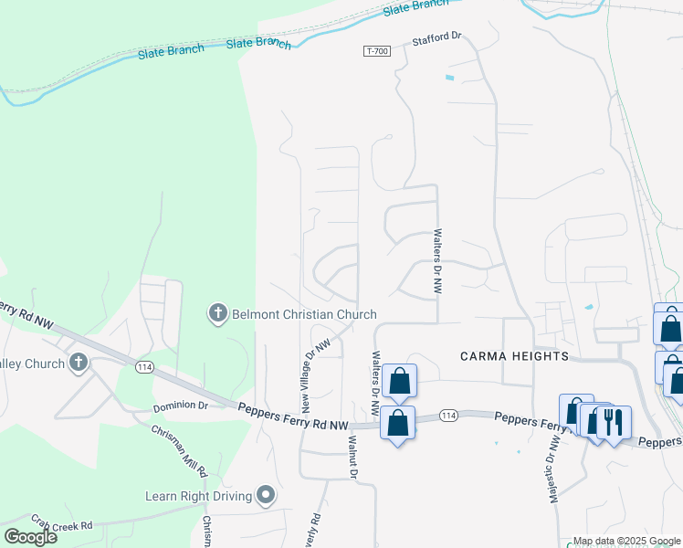 map of restaurants, bars, coffee shops, grocery stores, and more near 50 Camellia Lane Northwest in Christiansburg