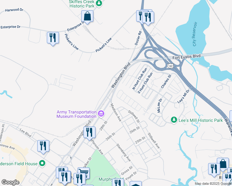 map of restaurants, bars, coffee shops, grocery stores, and more near 262 Bradmere Loop in Newport News