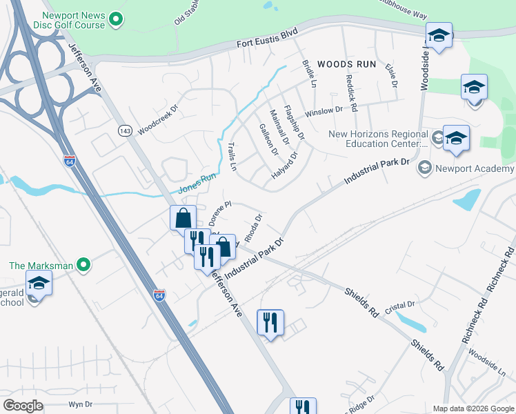 map of restaurants, bars, coffee shops, grocery stores, and more near 626 Dorene Place in Newport News