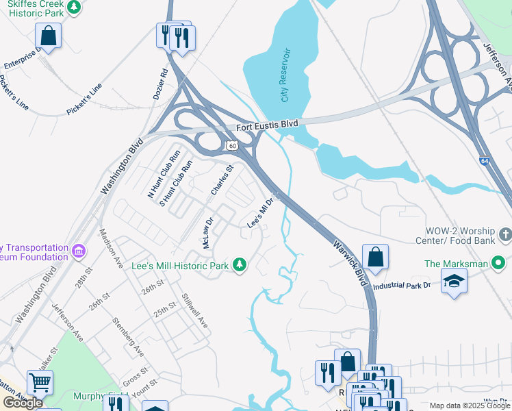 map of restaurants, bars, coffee shops, grocery stores, and more near 477 Lees Mill Drive in Newport News