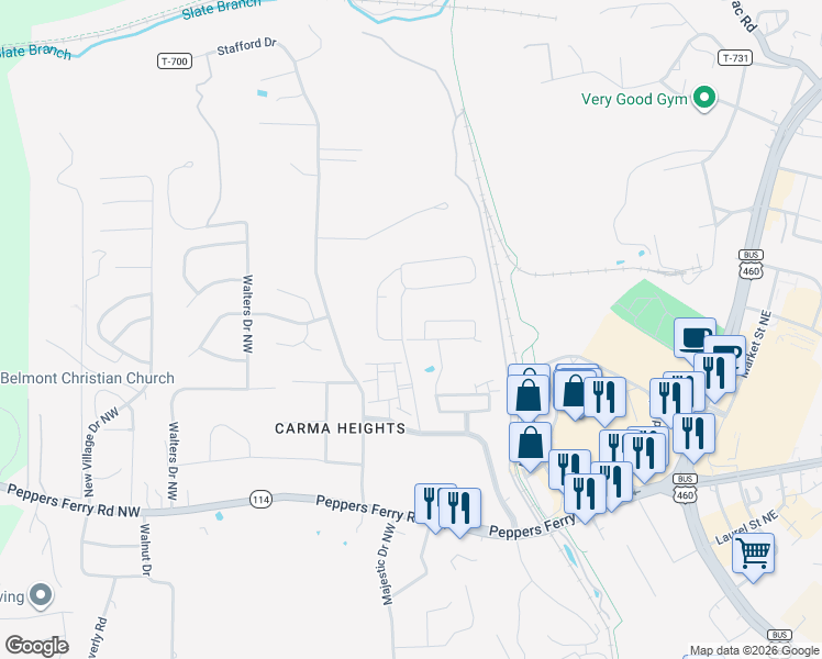 map of restaurants, bars, coffee shops, grocery stores, and more near 480 Revolution Circle in Christiansburg