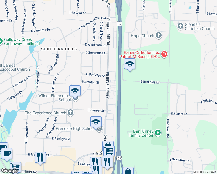 map of restaurants, bars, coffee shops, grocery stores, and more near 2423 South Ingram Mill Road in Springfield