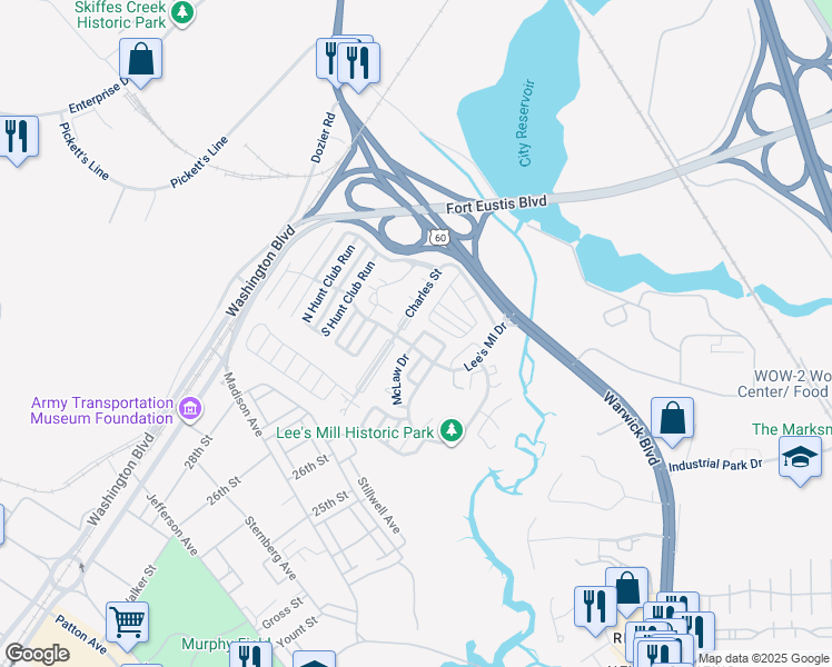 map of restaurants, bars, coffee shops, grocery stores, and more near 307 Lees Mill Drive in Newport News