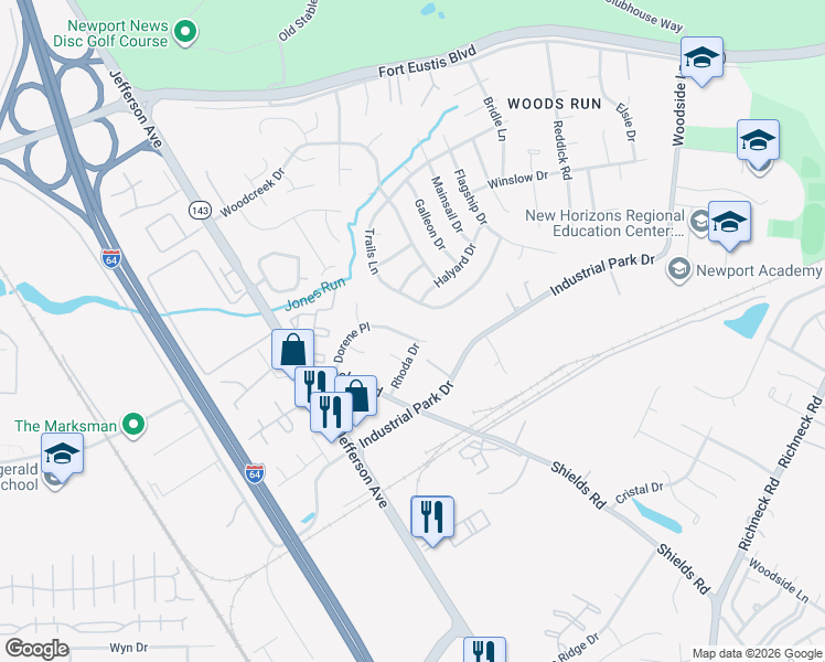 map of restaurants, bars, coffee shops, grocery stores, and more near 626 Dorene Place in Newport News