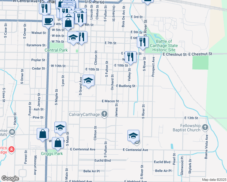 map of restaurants, bars, coffee shops, grocery stores, and more near 1116 Orchard Street in Carthage