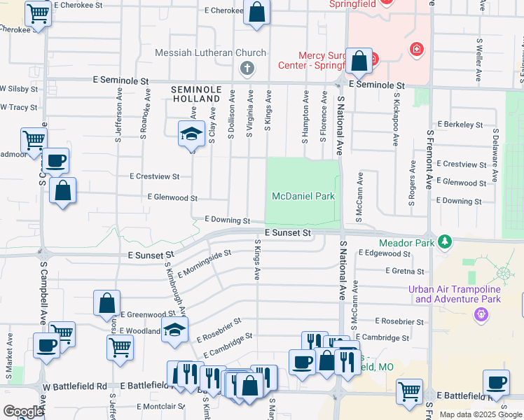 map of restaurants, bars, coffee shops, grocery stores, and more near 2521 South Kings Avenue in Springfield