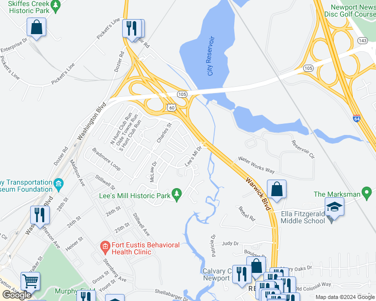 map of restaurants, bars, coffee shops, grocery stores, and more near 475 Lees Mill Drive in Newport News