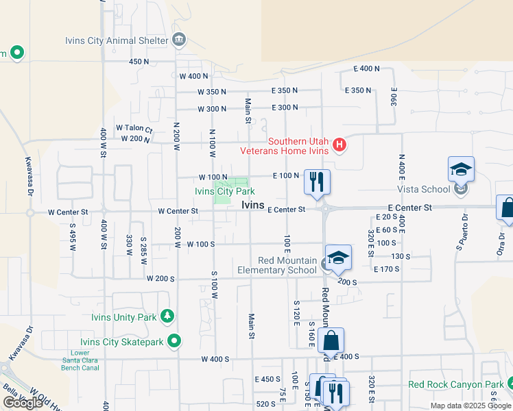 map of restaurants, bars, coffee shops, grocery stores, and more near 15 East Center Street in Ivins